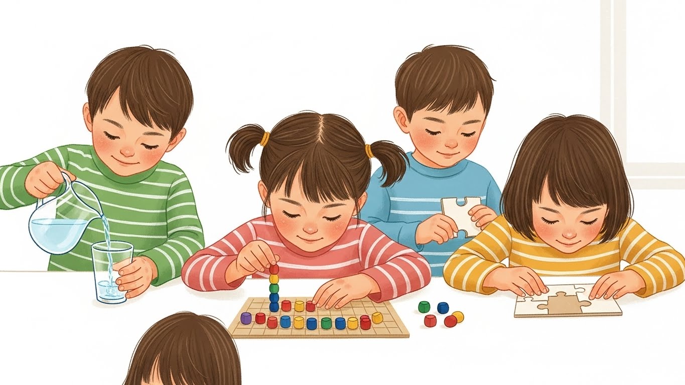 子どもが熱心に活動するイラスト、または敏感期を示す円グラフ