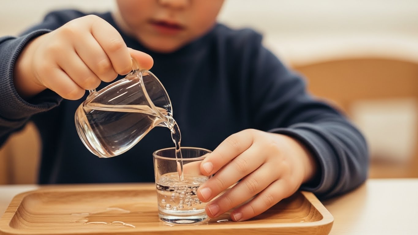 子どもが水差しを使って水を注ぐ活動をしている様子